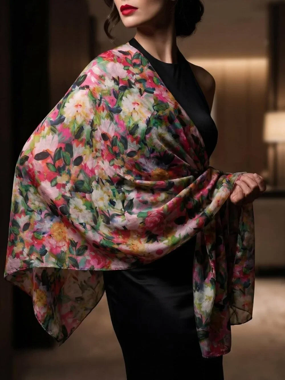 Luxurious 100% Mulberry Silk Floral Scarf Wrap - Lightweight Large Shawl for